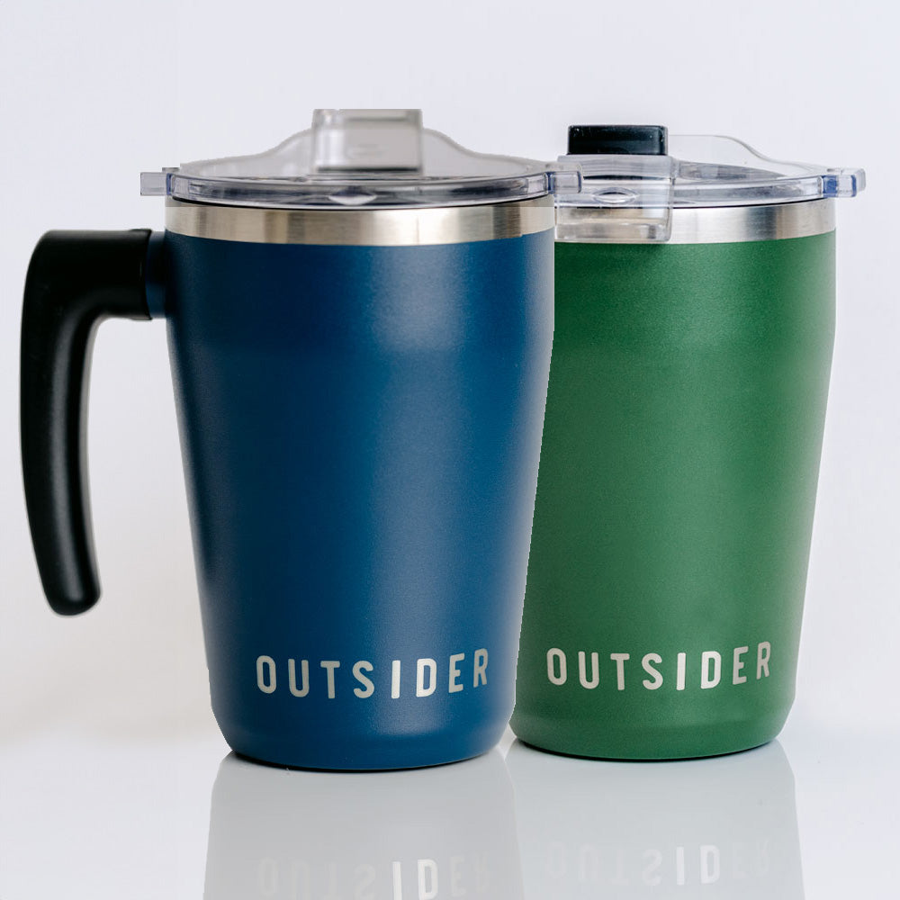 Outsider AM Navy and Green matching his and hers insulated travel coffee cups