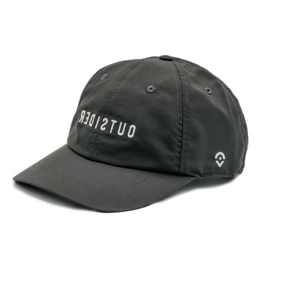 Grey stretch nylon hat with white embroidered backwards Outsider logo on the front