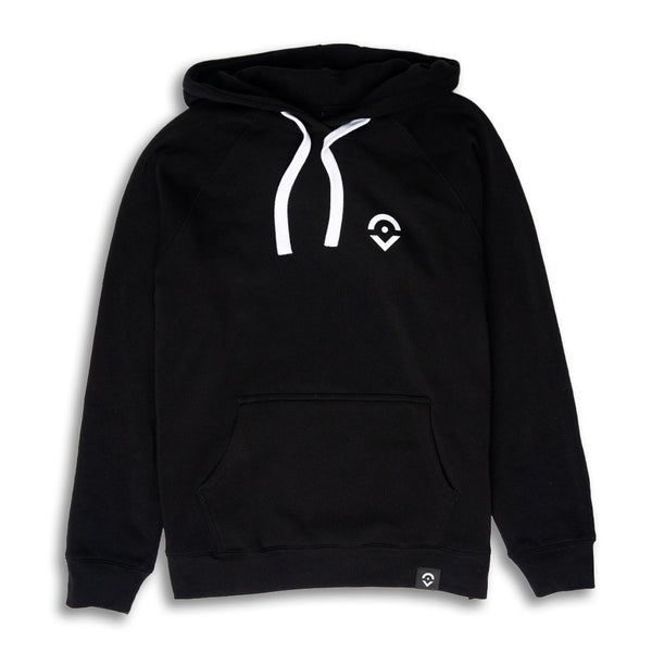 Outsider Location Hoodie Sweatshirt in Black with White Logo and Pull Strings