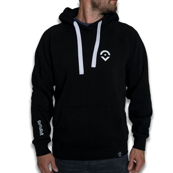 Outsider Location Hoodie Sweatshirt in Black with White Logo and Pull Strings modeled on a man