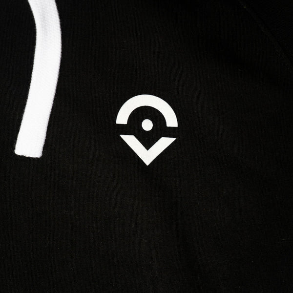 Outsider Location Hoodie Sweatshirt in Black with White Logo and Pull Strings Logo Detail