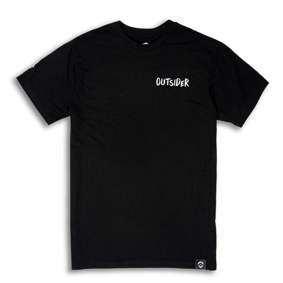 Outsider Sider Tee Men's Short Sleeve T-Shirt in Black with White Logo Flatlay