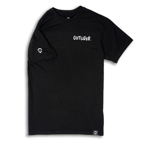 Outsider Sider Tee Men's Short Sleeve T-Shirt in Black with White Logo with sleeve detail