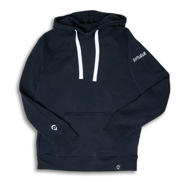 Outsider Sider Hoodie Unisex Hooded Sweatshirt in Navy Blue with White Accents Arm View