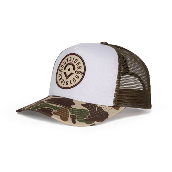 Outsider Adjustable Snapback Camo hat with camouflage bill and white front panel with Outsider patch.