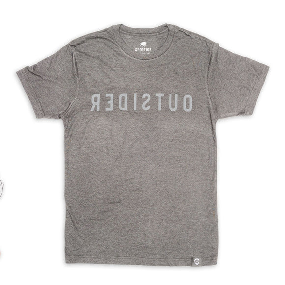 Outsider Men's Backwards Short Sleeve T-shirt in Light Grey Flatlay