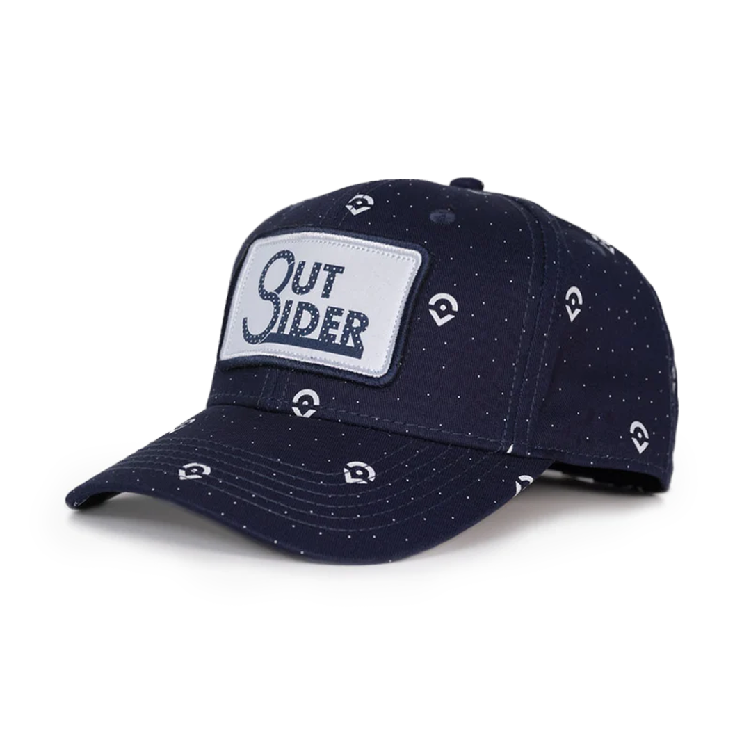 Blue Outsider Logo Hat with White Patch on front and small white dots on this adjustable snapback cap