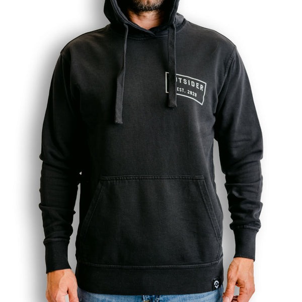 Outsider Tilt Hoodie Unisex Hooded Sweatshirt in Black French Terry Cotton with White Logo male model