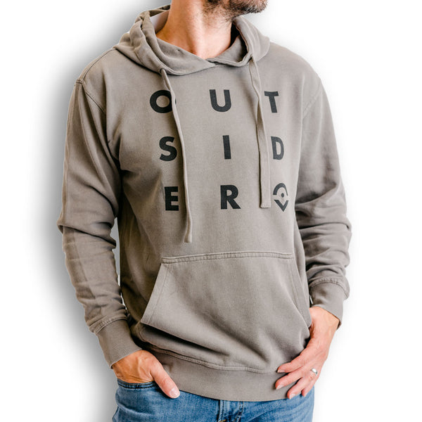 Outsider Quad Hoodie Unisex Grey Brown Hooded French Terry Cotton Sweatshirt with Black Logo modeled on a man