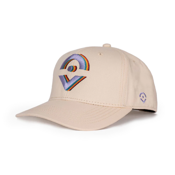 Cream colored hat with rainbow embroidered Outsider logos on the front