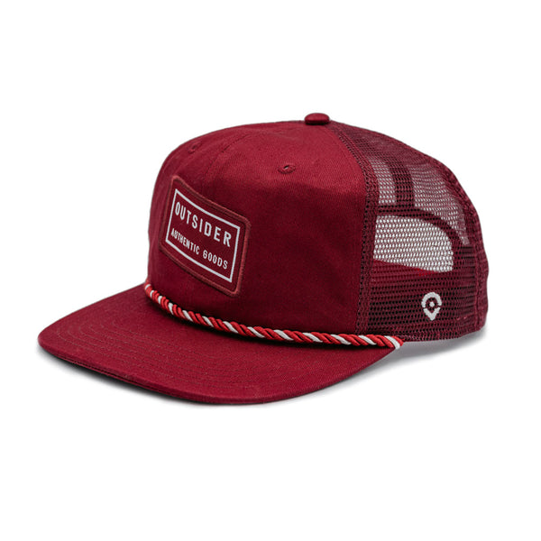 Wine Red Trucker Hat with front panel and flat hat brim with Red Tilt Outsider patch.