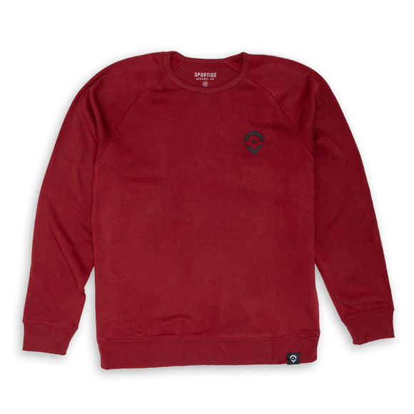 Outsider Mark Crew Neck Unisex Sweatshirt in Wine Red with Black Logo Flatlay