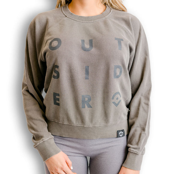 Outsider Women's Quad Crew Neck Sweatshirt in Grey with Grey logo modeled on a woman