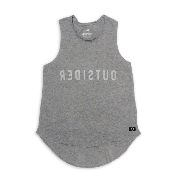 Outsider Women's Backwards Tank Top in Light Grey with White Logo Flatlay